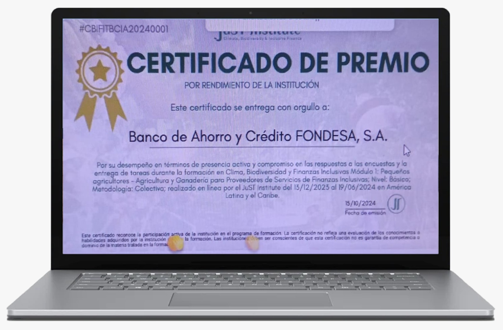 BANFONDESA recibe reconocimiento y certificación institucional del JuST Institute sobre temas de clima, biodiversidad y finanzas inclusivas